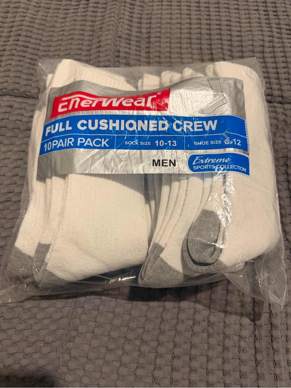 Enerwear Men’s Crew Socks Full Cushioned White/Gray Size 10-13 – 7 Pairs New